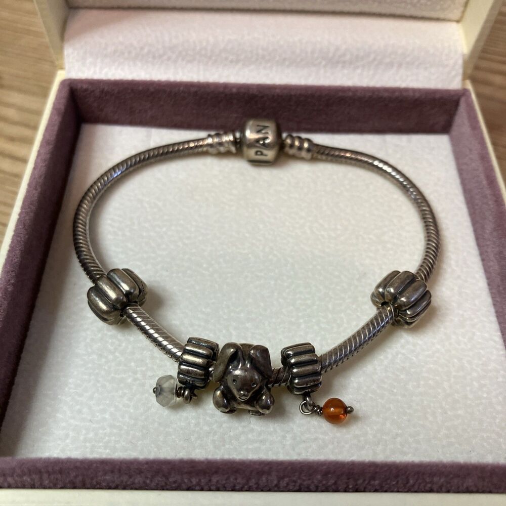 VTG pandora bracelet w/charms Box Retired Bunny Bead Sterling Silver 925 Easter